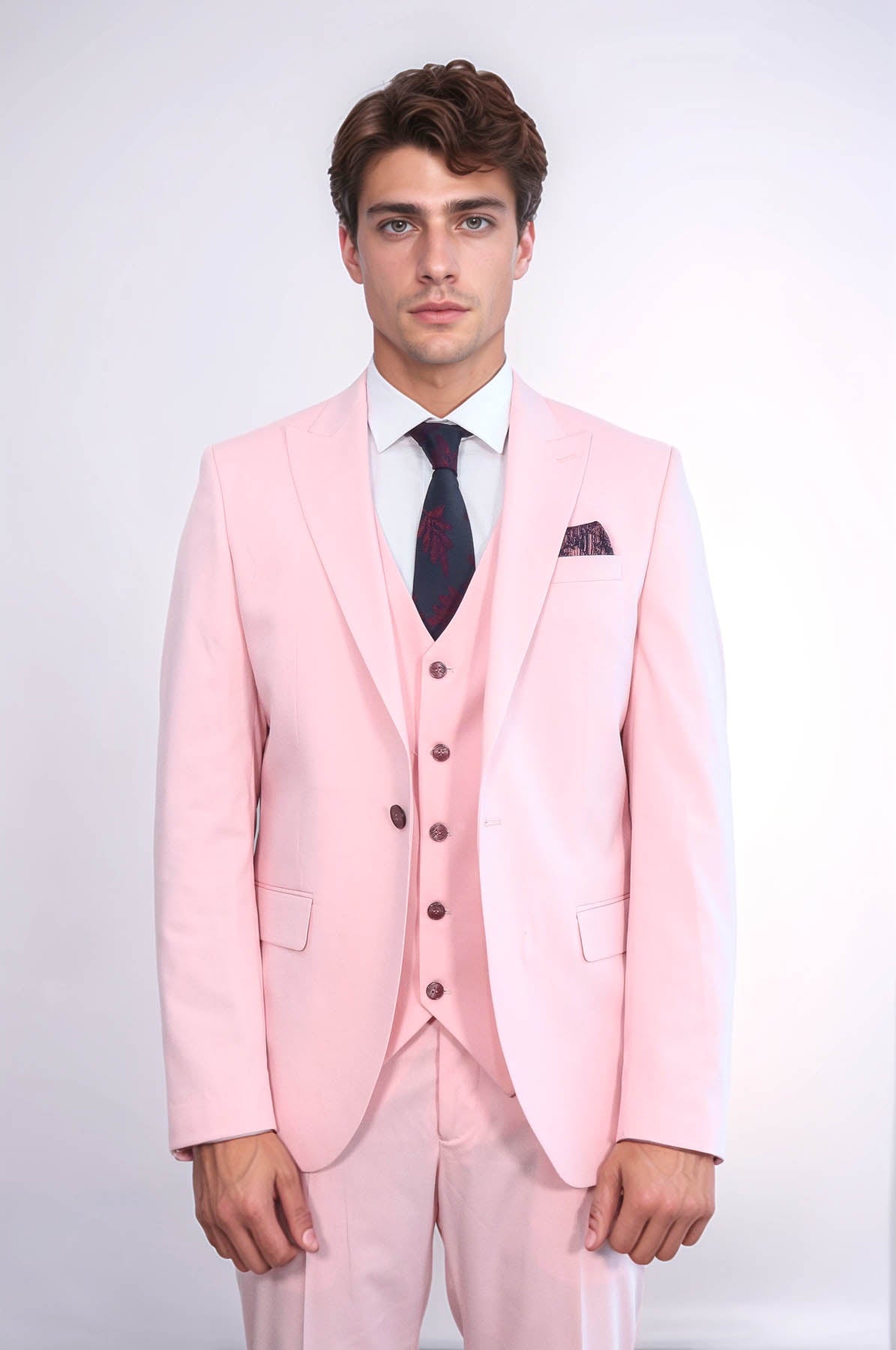 Pink Men's Plain Suit With Vest - Image 3