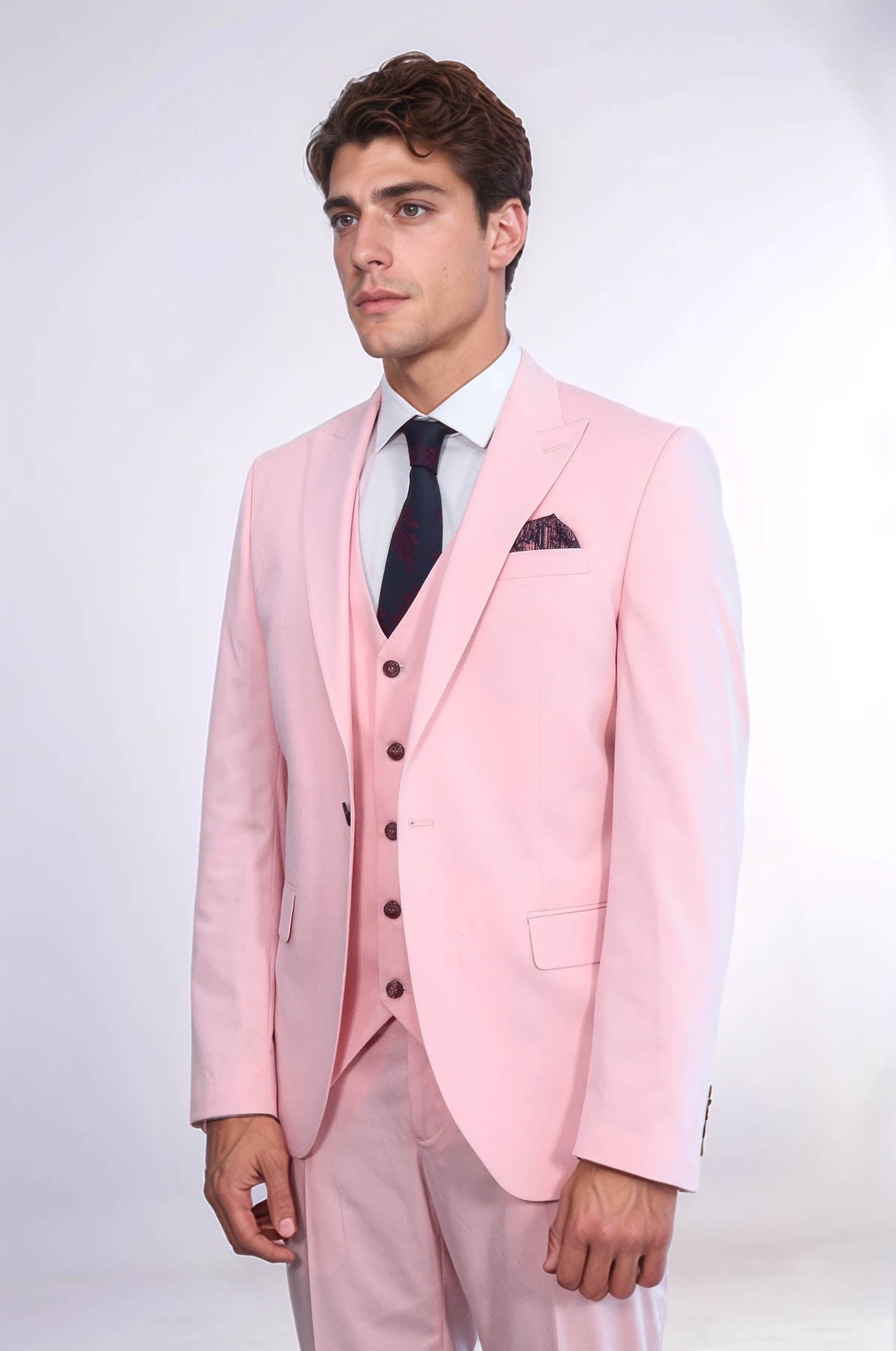 Pink Men's Plain Suit With Vest - Image 4