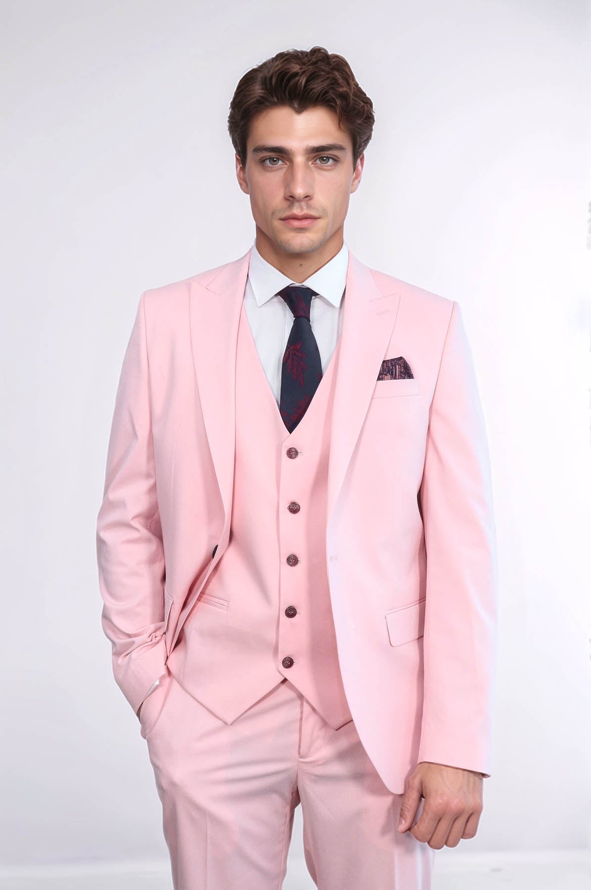 Pink Men's Plain Suit With Vest - Image 2