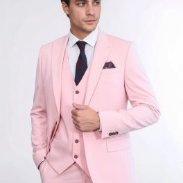 Pink Men's Plain Suit With Vest