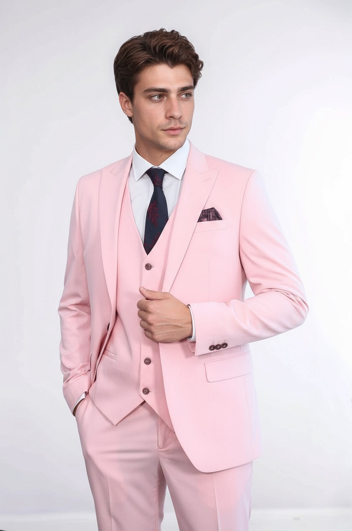 Pink Men's Plain Suit With Vest