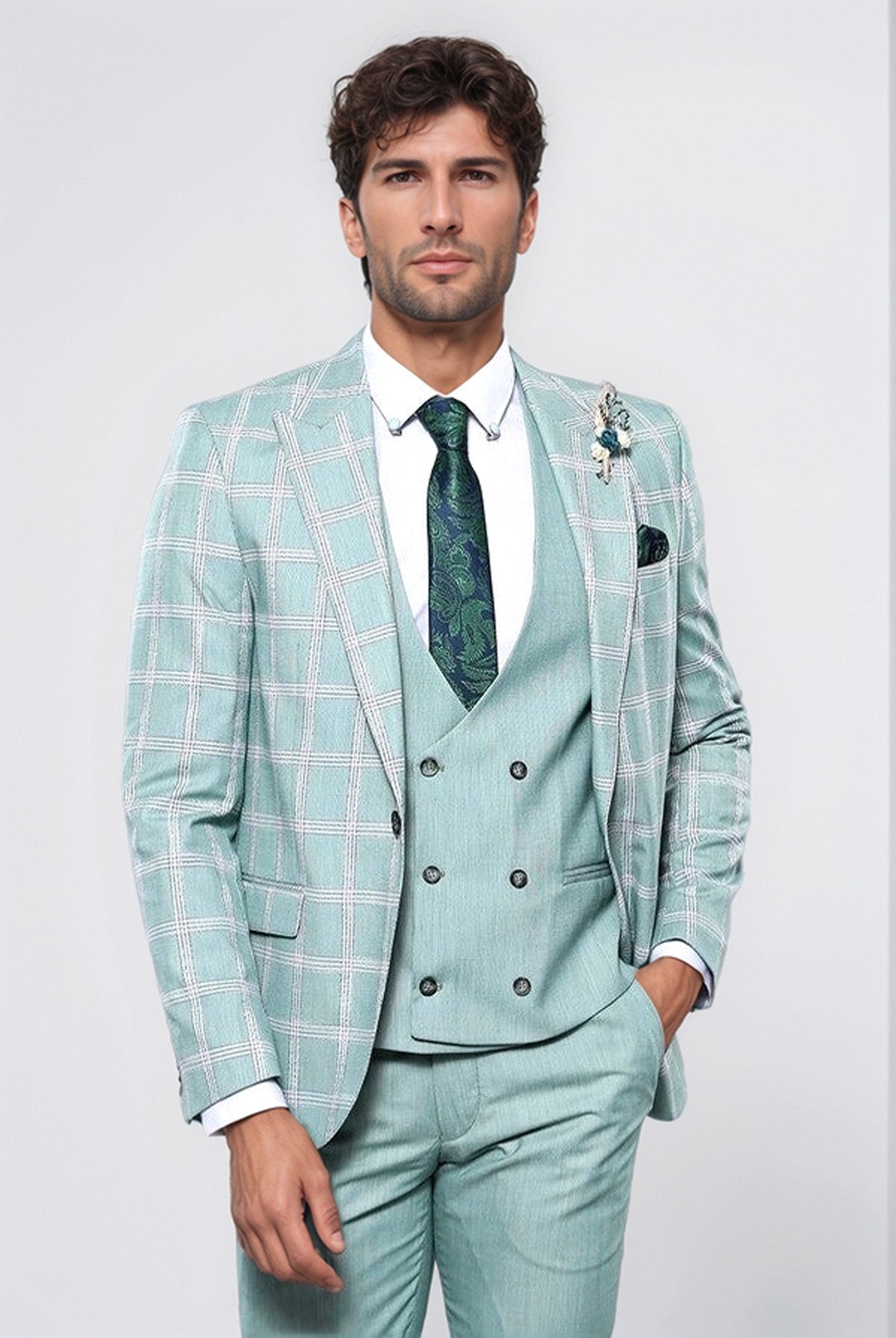 Checked Light Green Vested Suit - Image 3