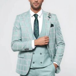 Checked Light Green Vested Suit