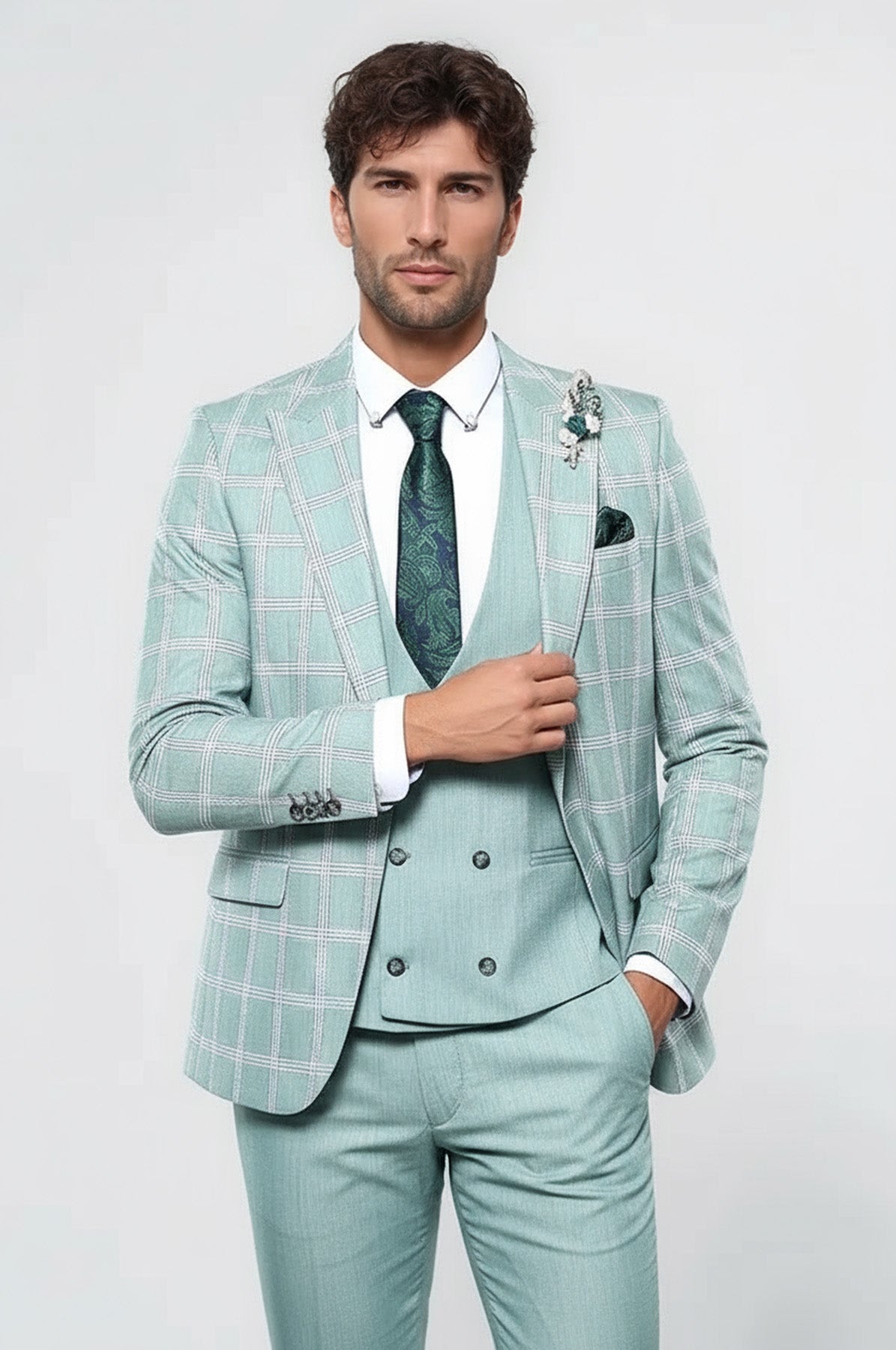 Checked Light Green Vested Suit
