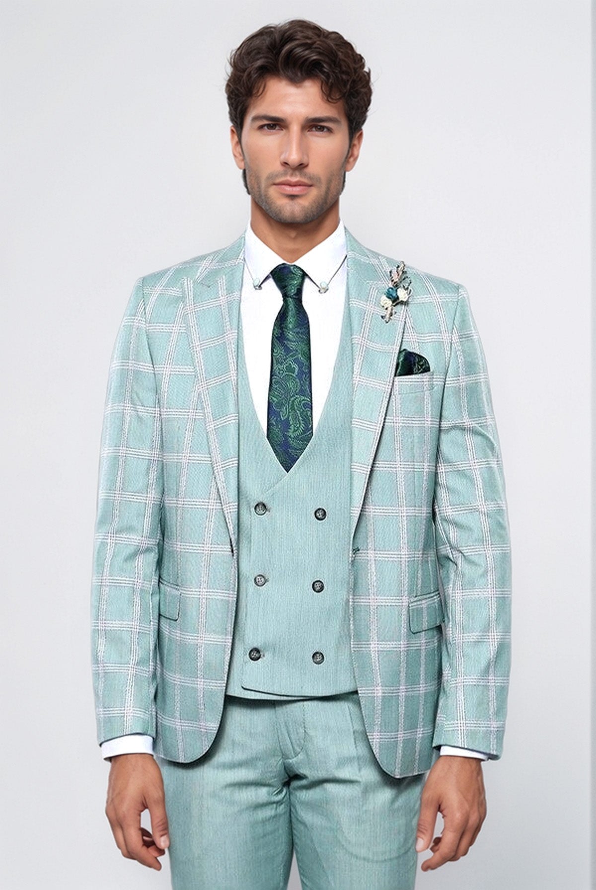 Checked Light Green Vested Suit - Image 2