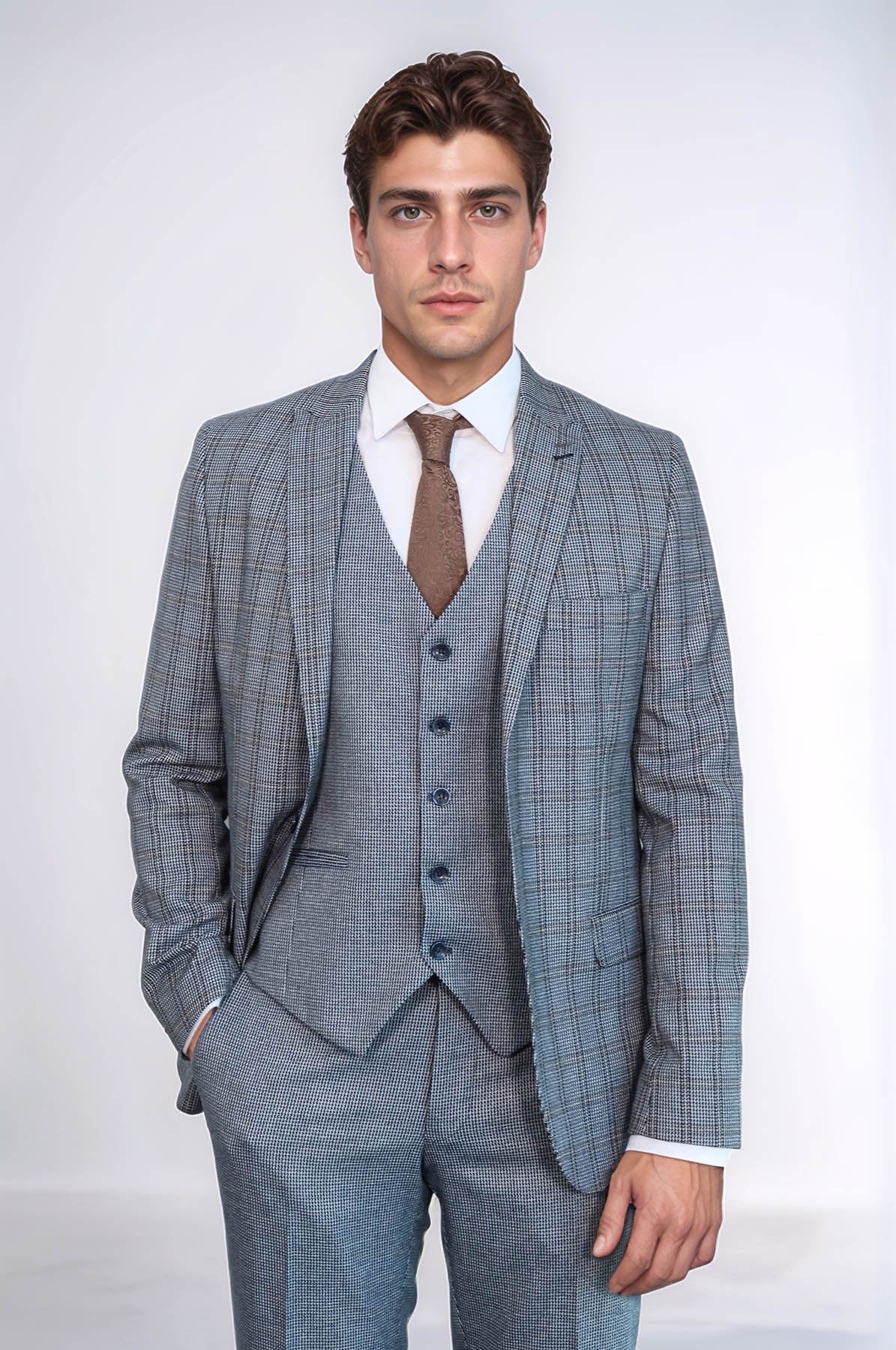 Plaid Navy Slim-Fit Vested Suit - Image 3