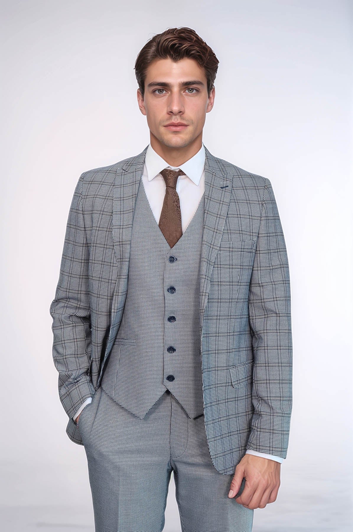 Plaid Slim-Fit Light Blue Men Suit