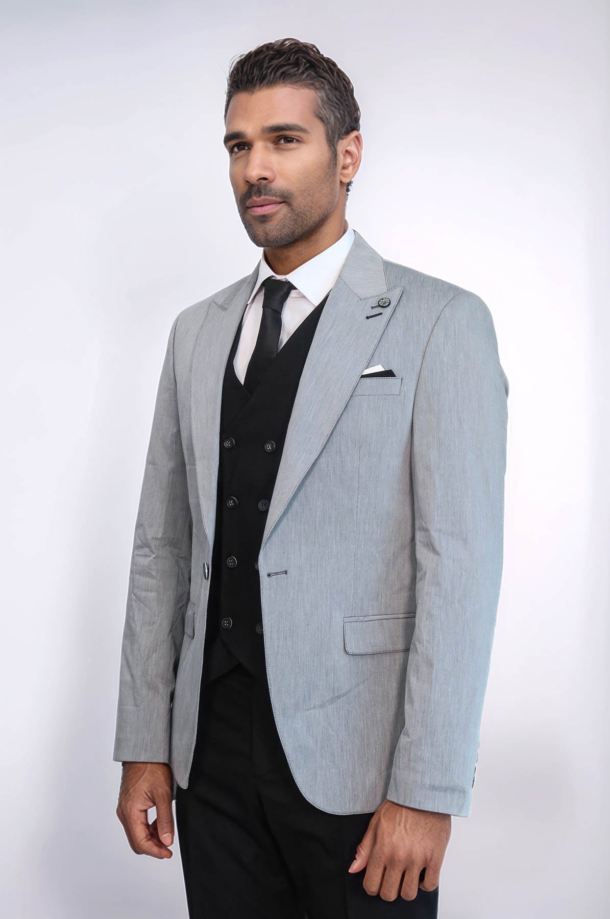 Black Double Breasted Vest Grey Men Suit - Image 3