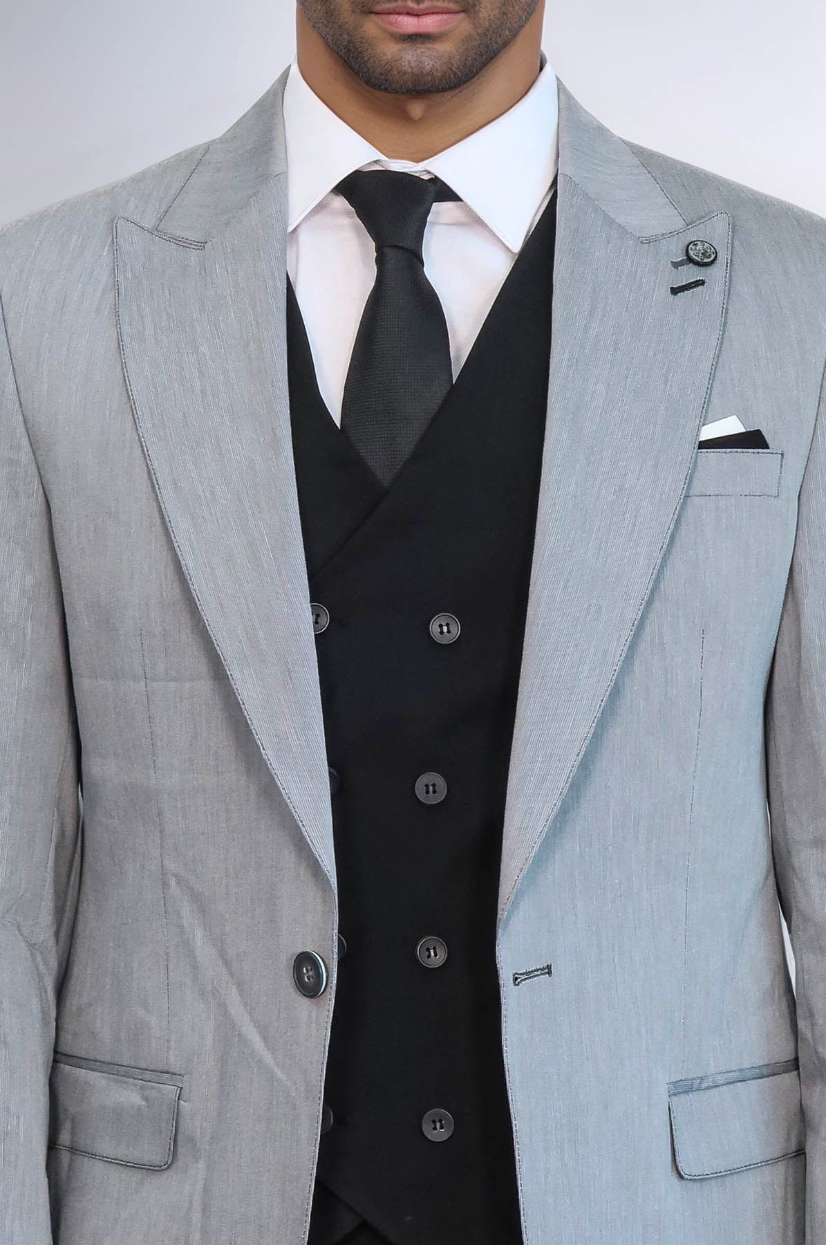 Black Double Breasted Vest Grey Men Suit - Image 2
