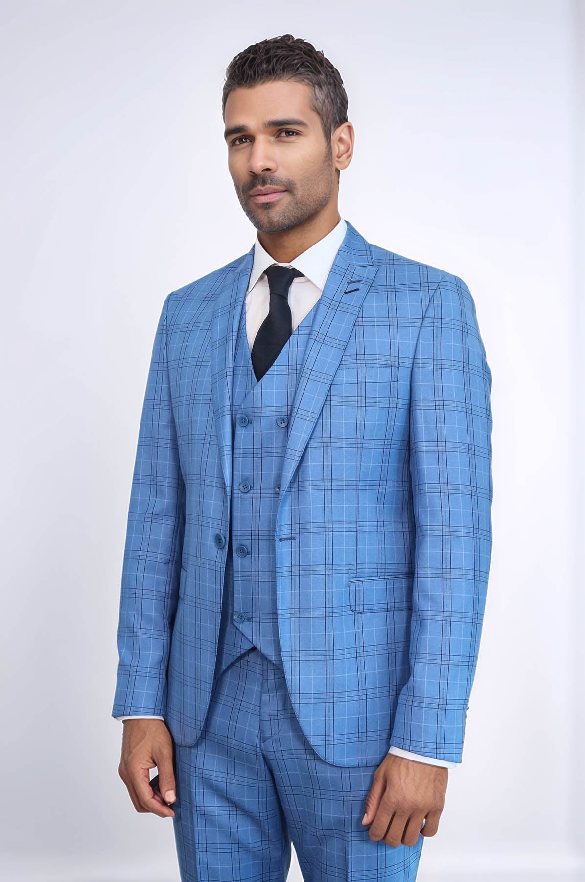 Checked Light Blue Men Suit - Image 4
