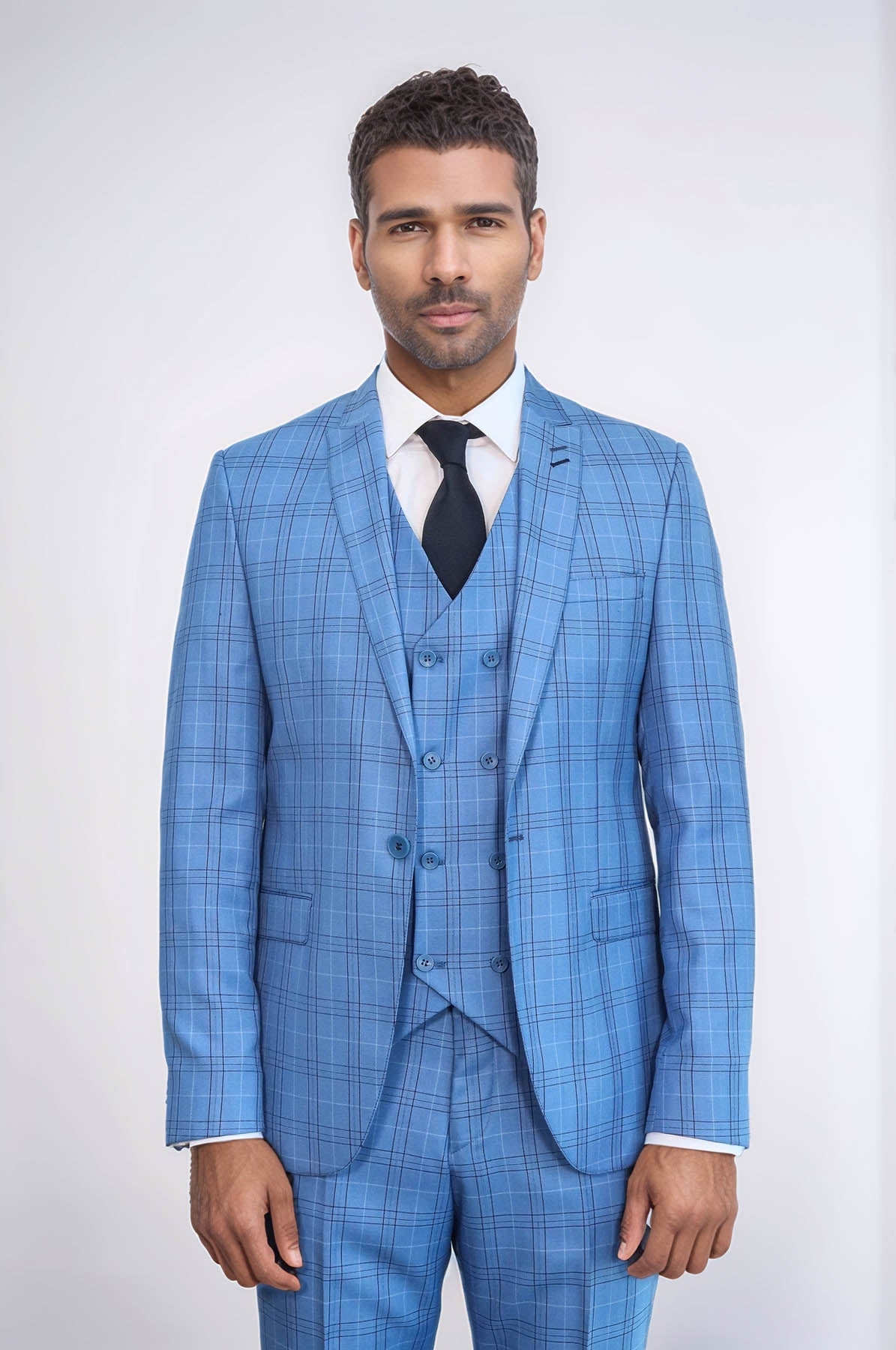 Checked Light Blue Men Suit - Image 3
