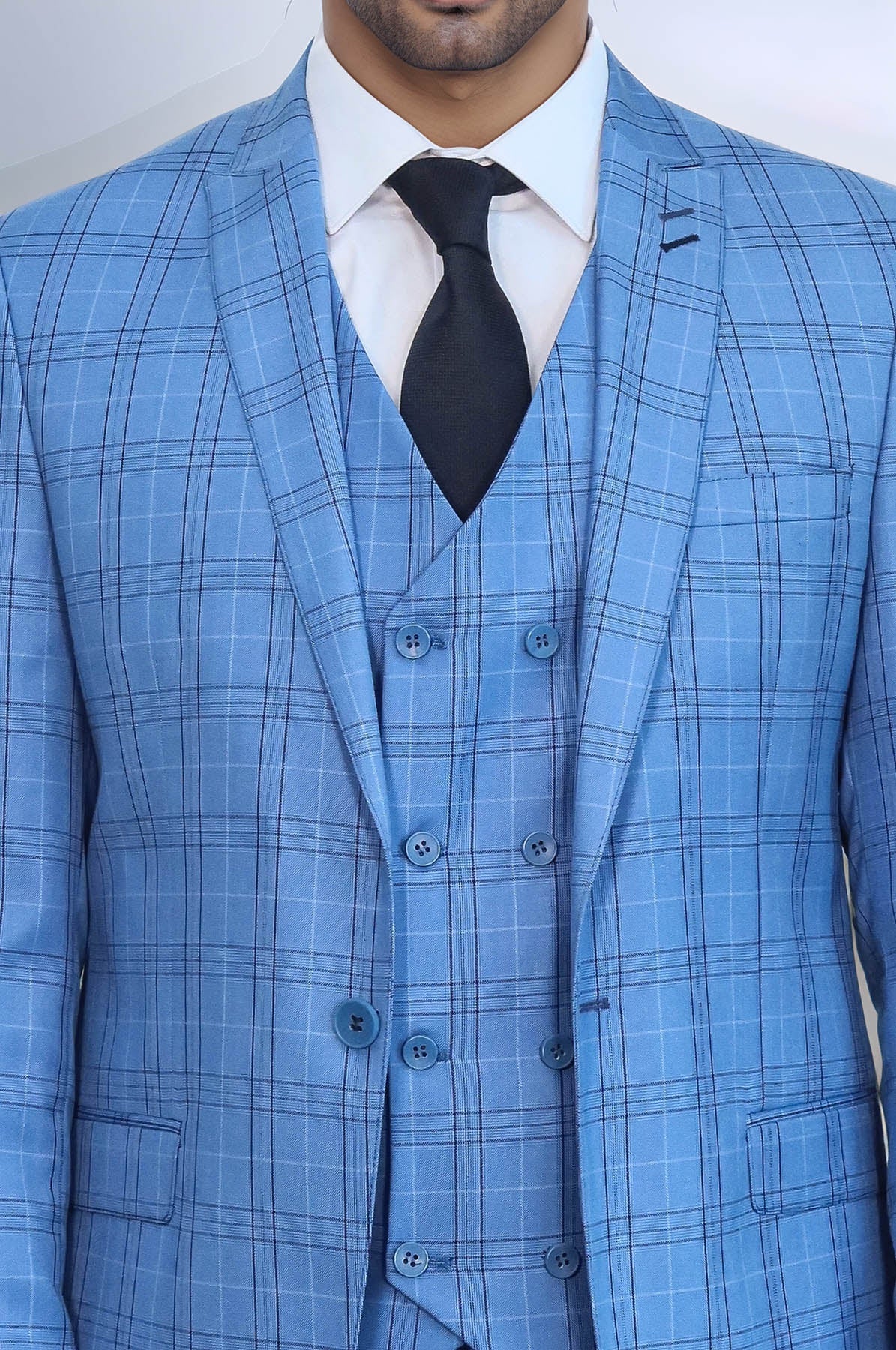 Checked Light Blue Men Suit - Image 2