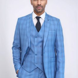Checked Light Blue Men Suit