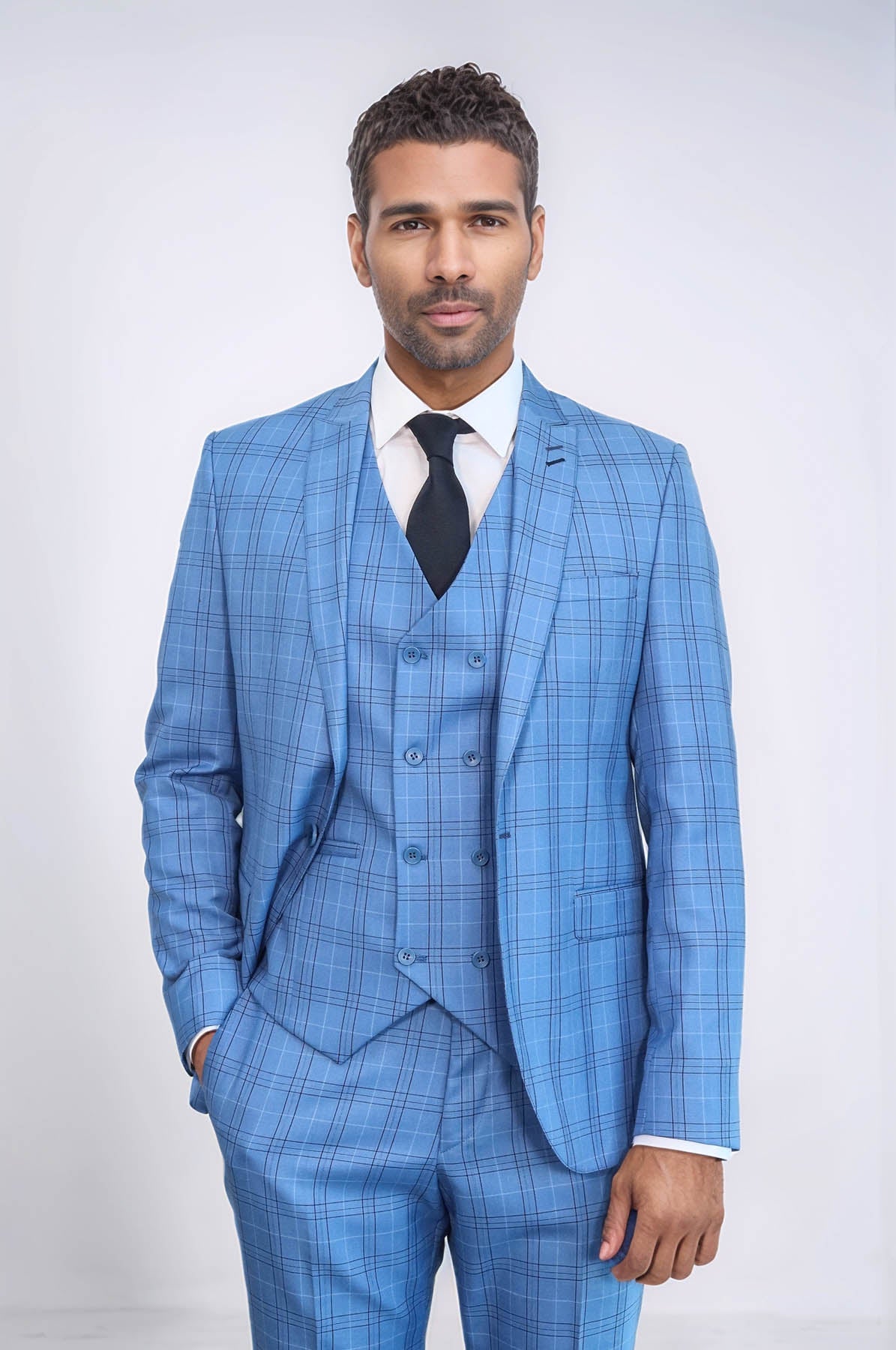 Checked Light Blue Men Suit