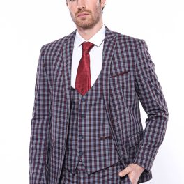 2 Button Mono Collar Plaid Suit Vest Burgundy Suit
