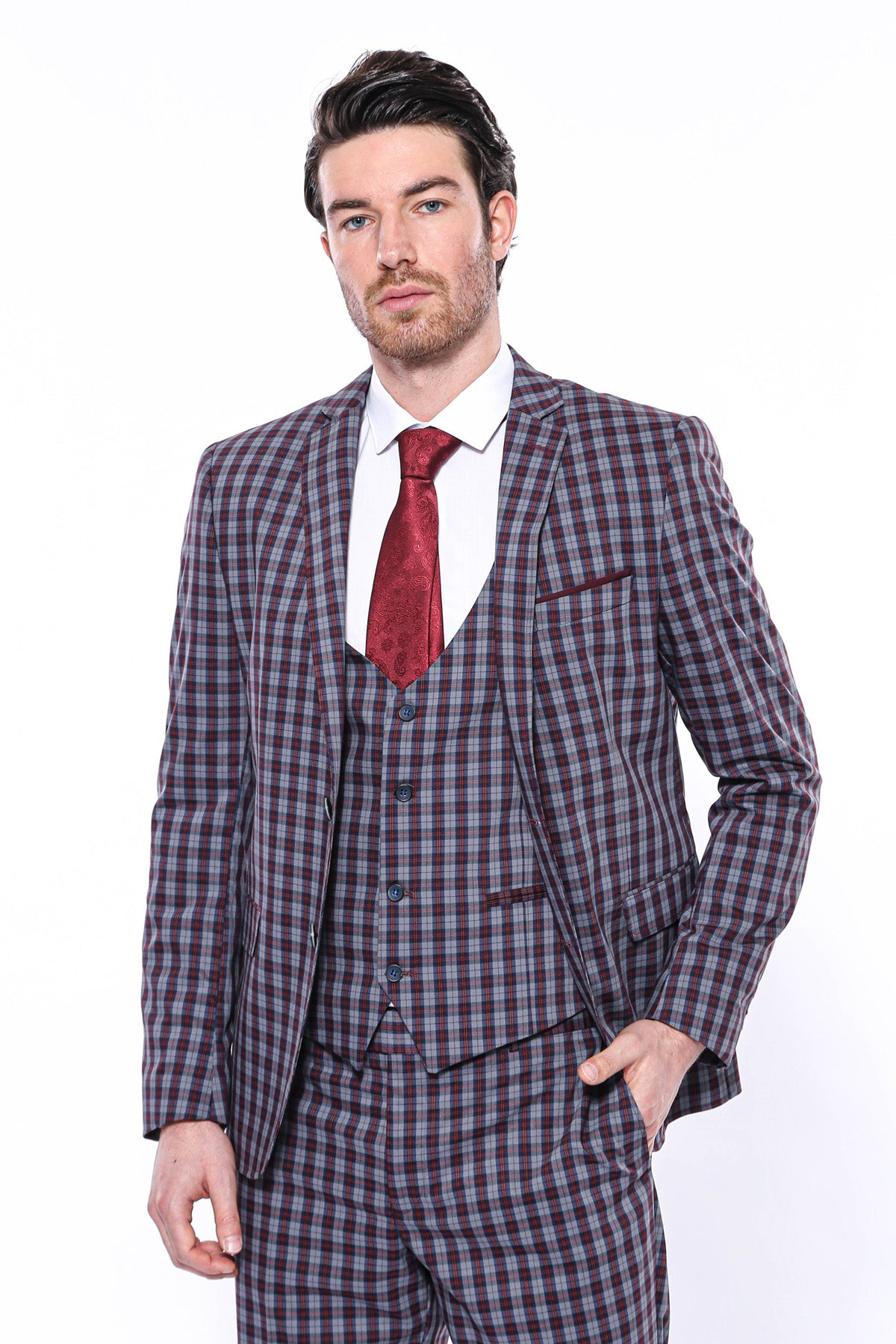 2 Button Mono Collar Plaid Suit Vest Burgundy Suit