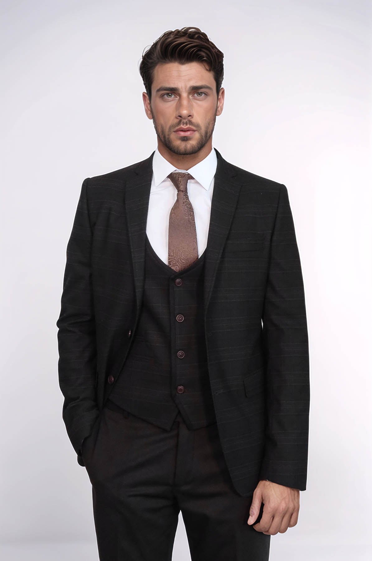 Brown Plaid Men's Winter 3 Piece Suit