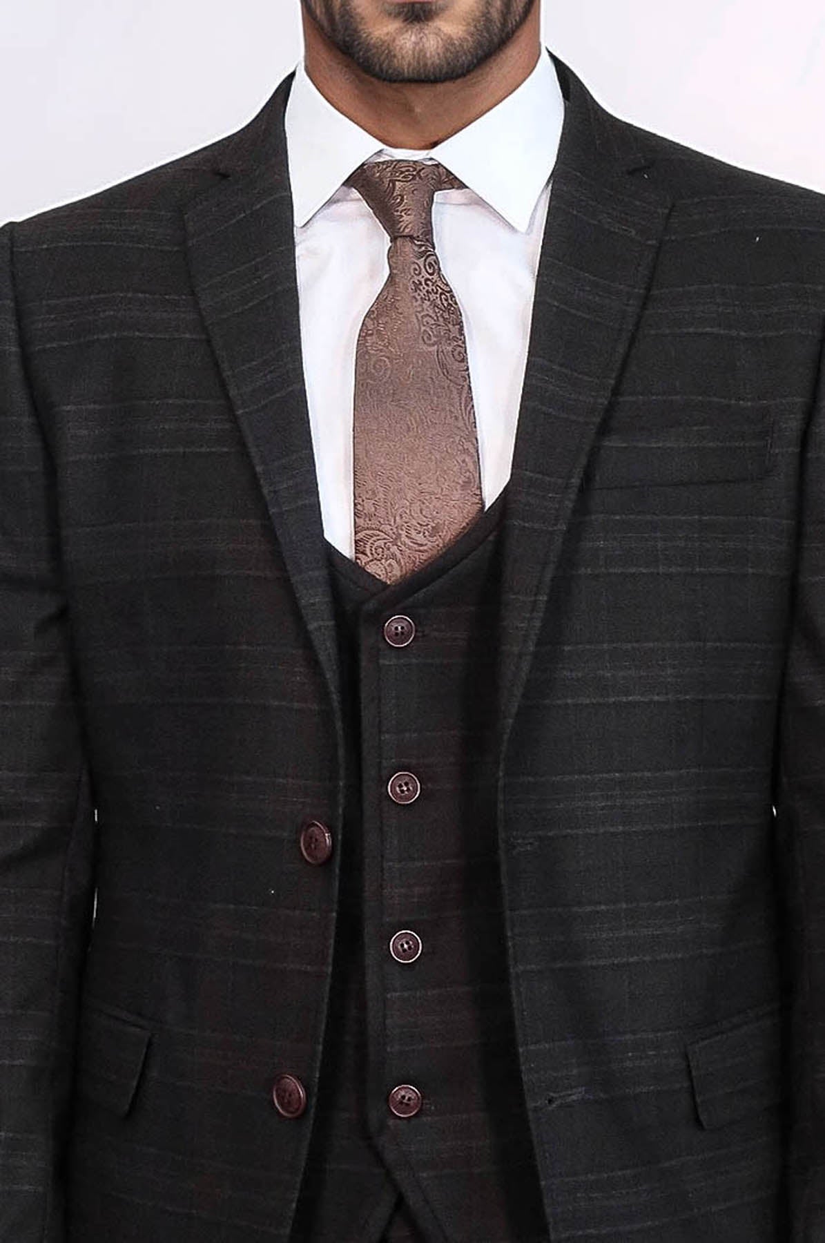 Brown Plaid Men's Winter 3 Piece Suit - Image 2