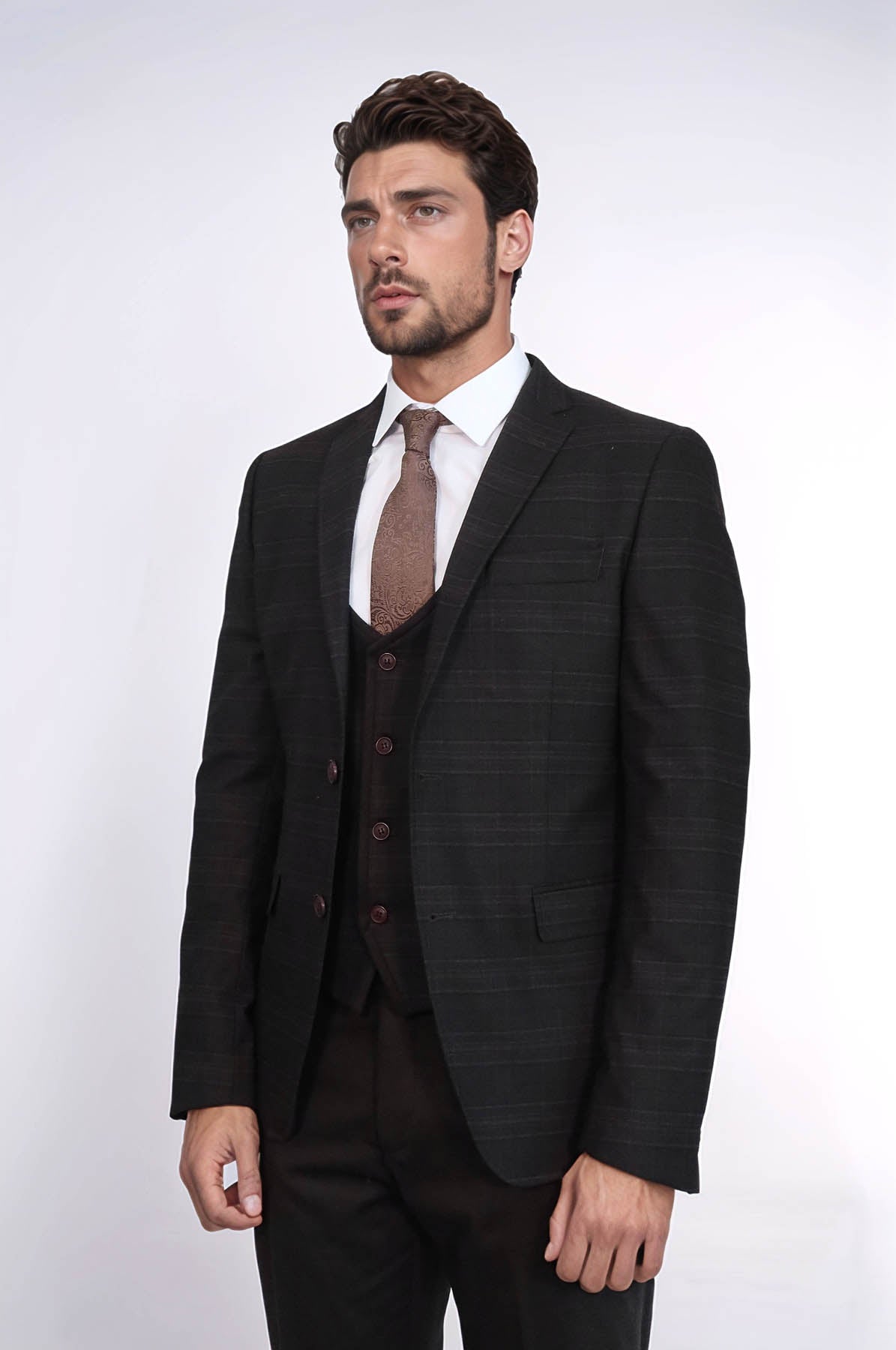 Brown Plaid Men's Winter 3 Piece Suit - Image 3
