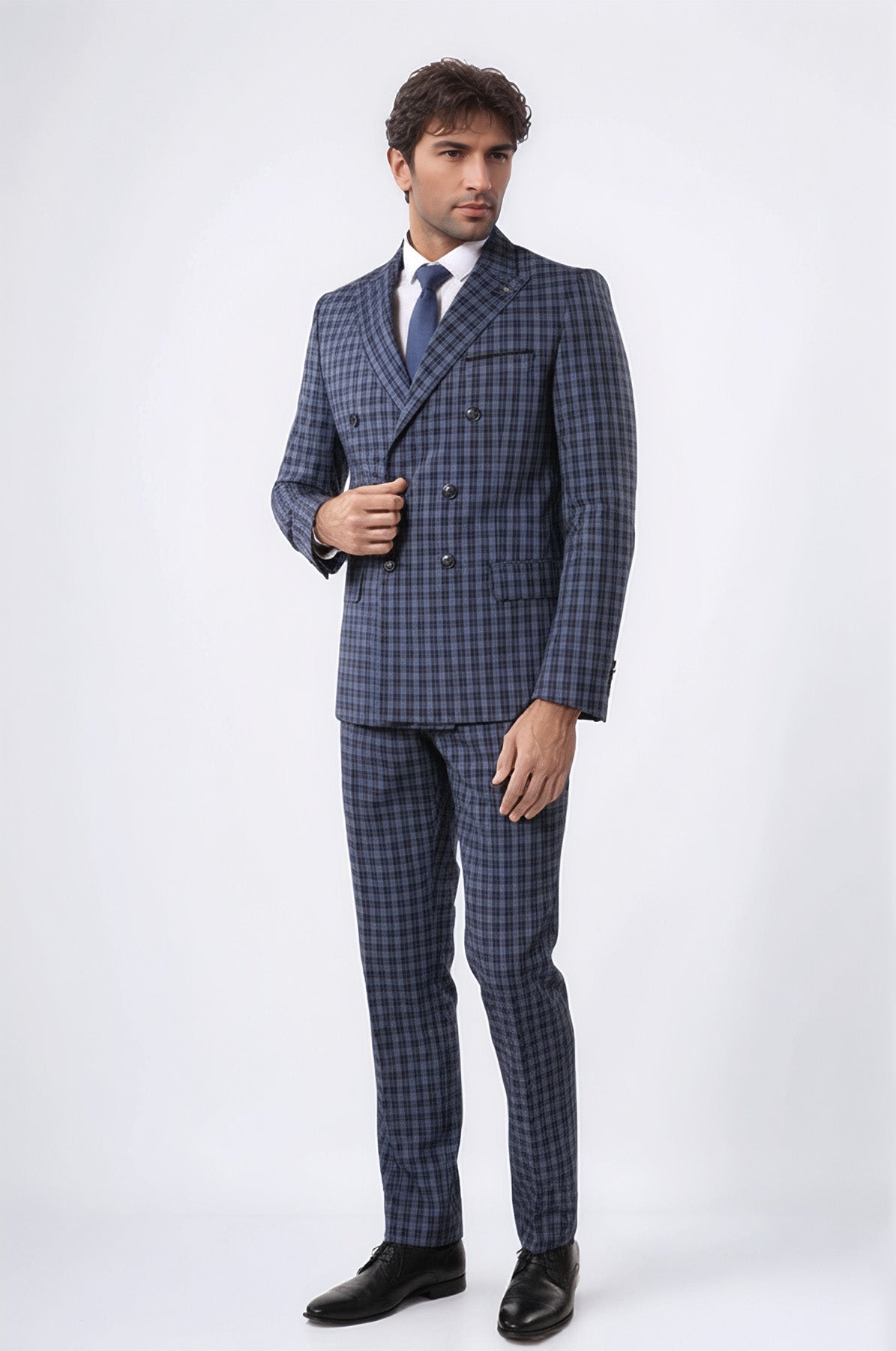 Plaid Navy Blue Men's Double Breasted Suit - Image 3