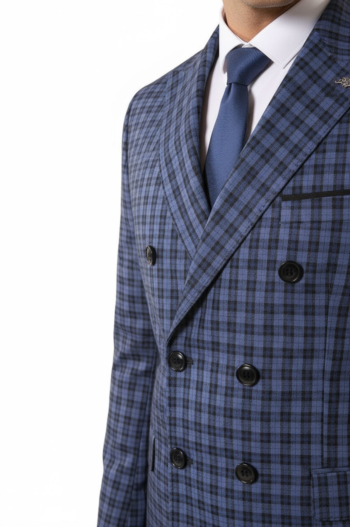 Plaid Navy Blue Men's Double Breasted Suit - Image 2
