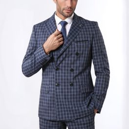 Plaid Navy Blue Men's Double Breasted Suit