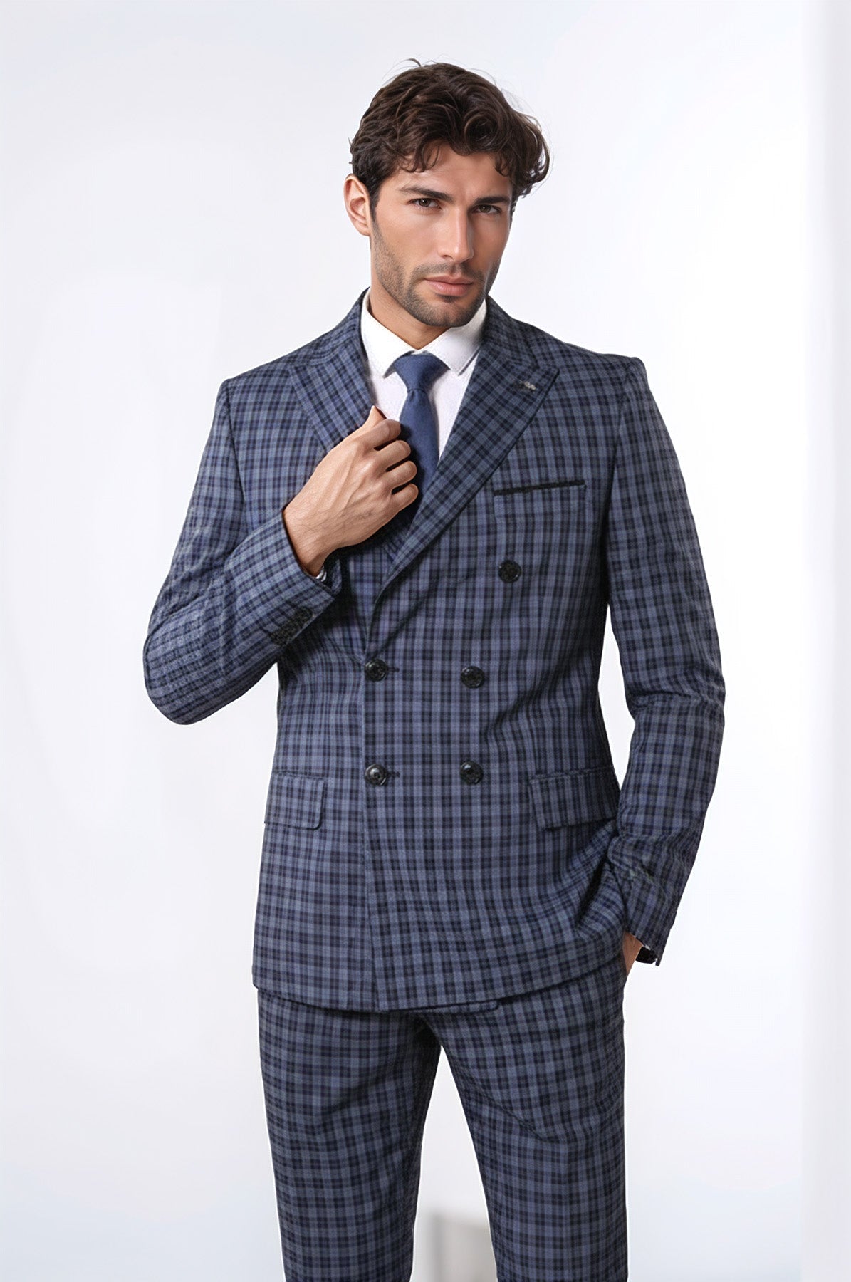 Plaid Navy Blue Men's Double Breasted Suit