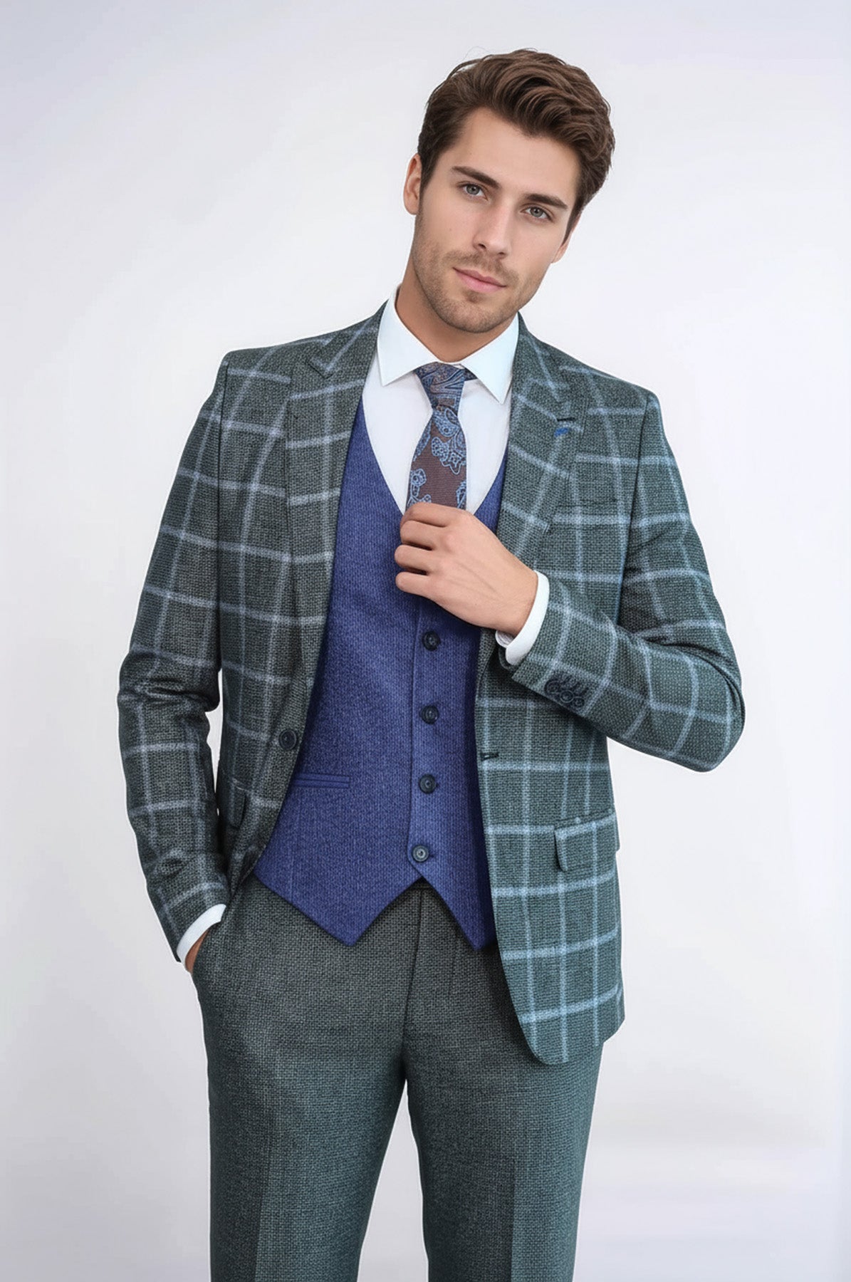 Grey Blue Checked Suit