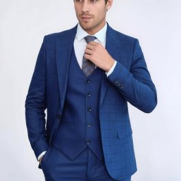 Blue Vested Suit With Plaid Blazer