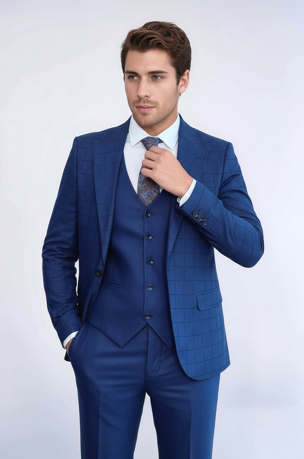 Blue Vested Suit With Plaid Blazer