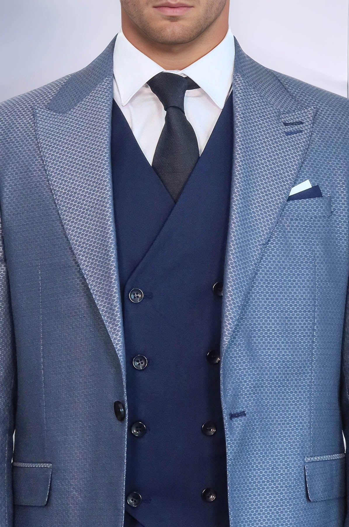 Navy Blue Self-Patterned Vested Suit - Image 2