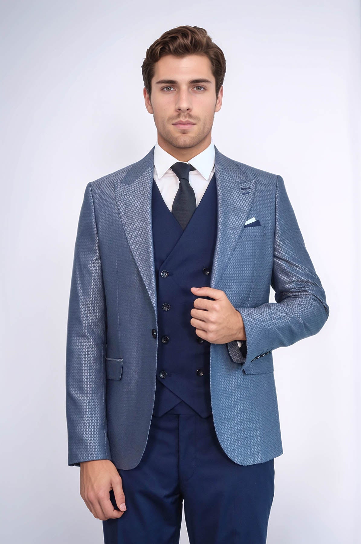 Navy Blue Self-Patterned Vested Suit - Image 3