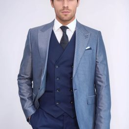 Navy Blue Self-Patterned Vested Suit