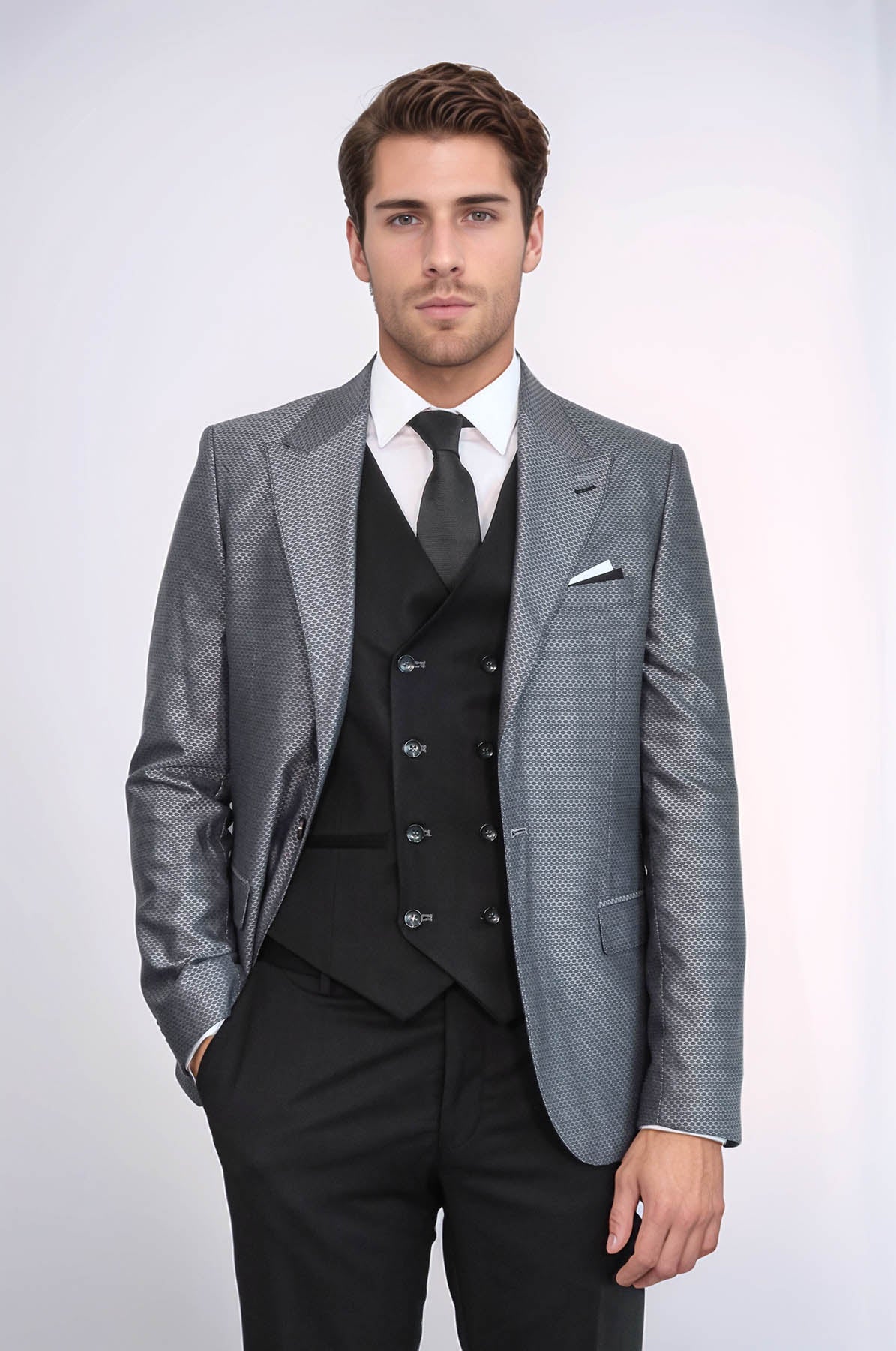 Grey Jacket Combined Black Suit - Image 3