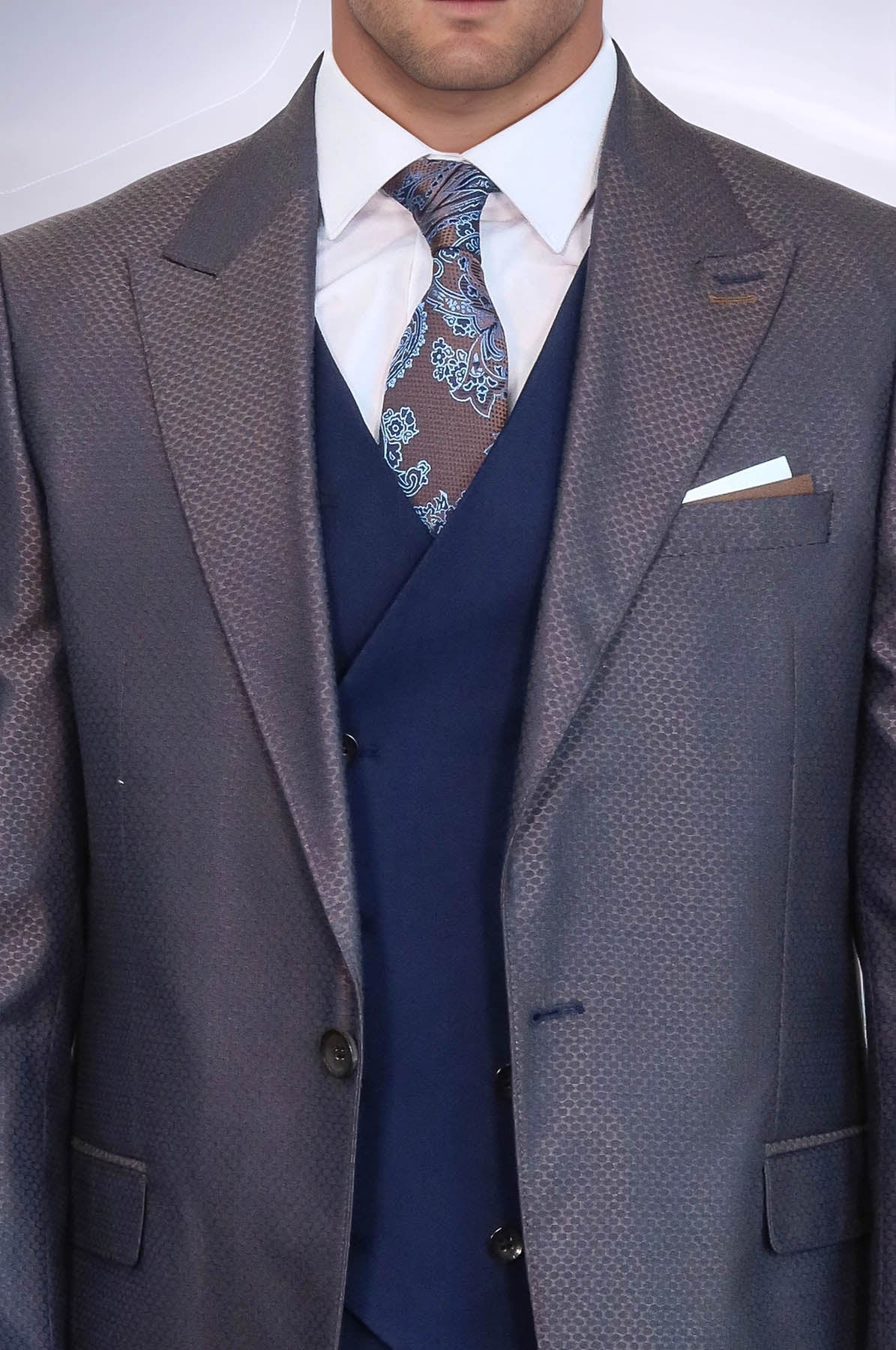 Patterned Navy Blue Brown Men Suit - Image 2