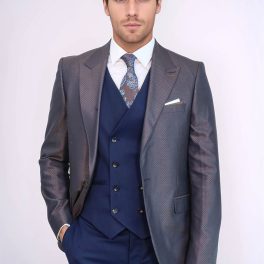 Patterned Navy Blue Brown Men Suit