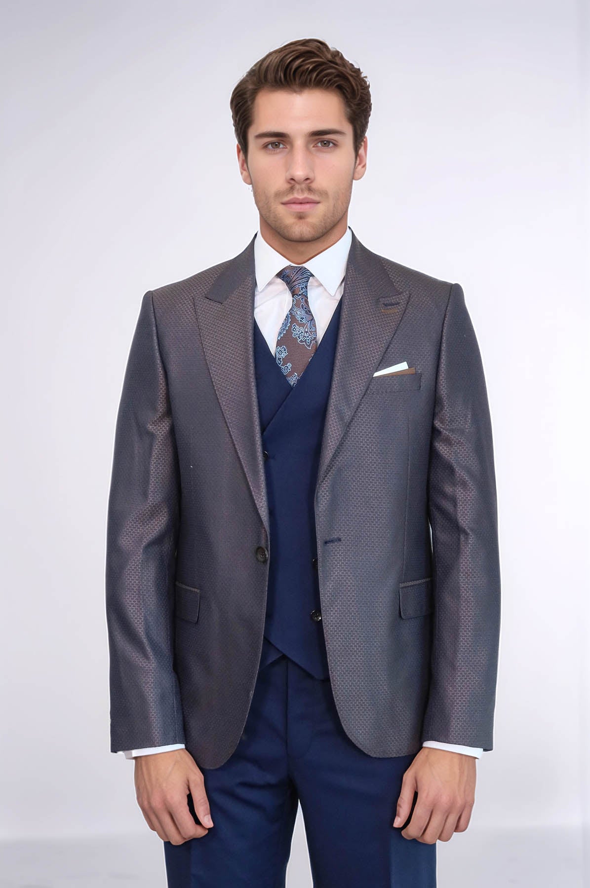 Patterned Navy Blue Brown Men Suit - Image 3