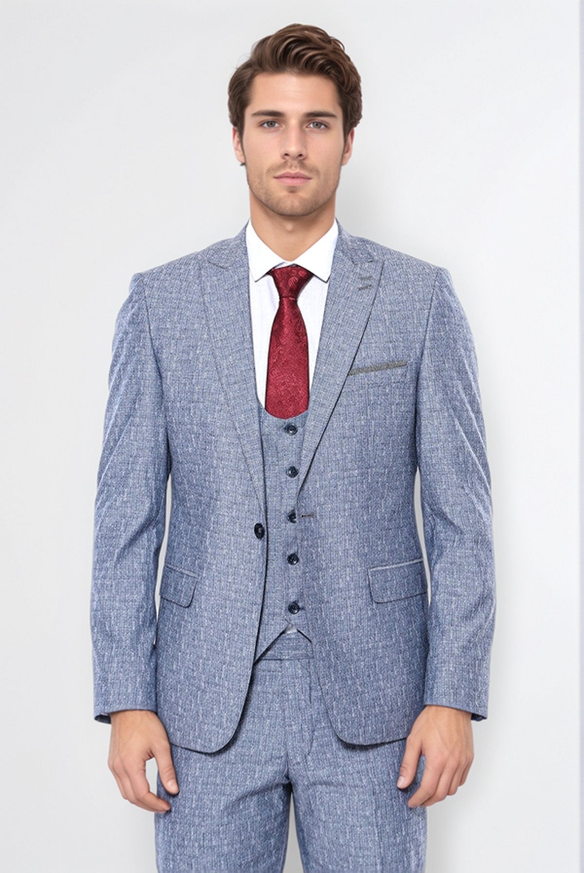 Linen Touch Blue Men's 3 Piece Suit - Image 3