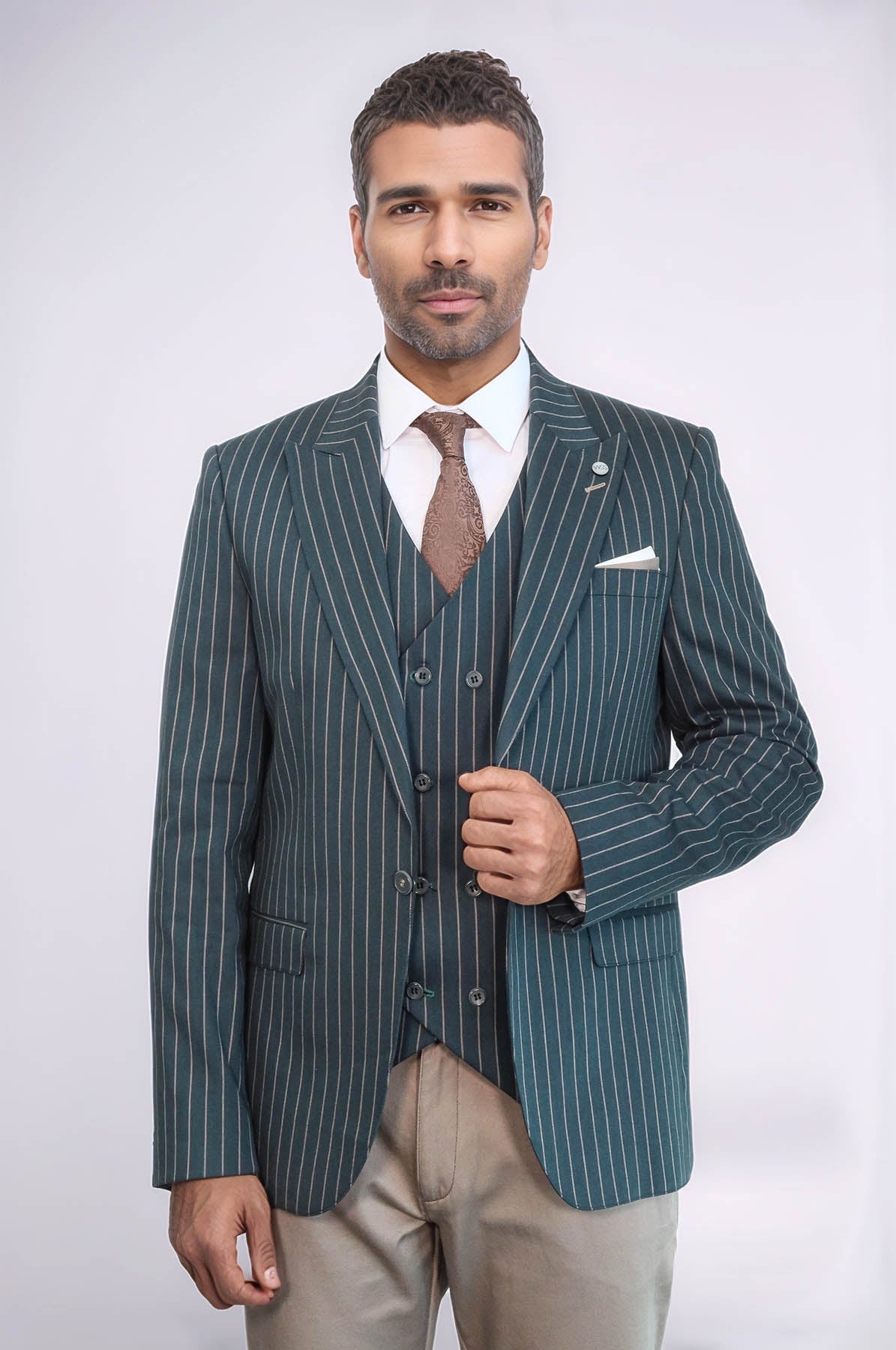 Striped Jacket Green Men's Suit - Image 3