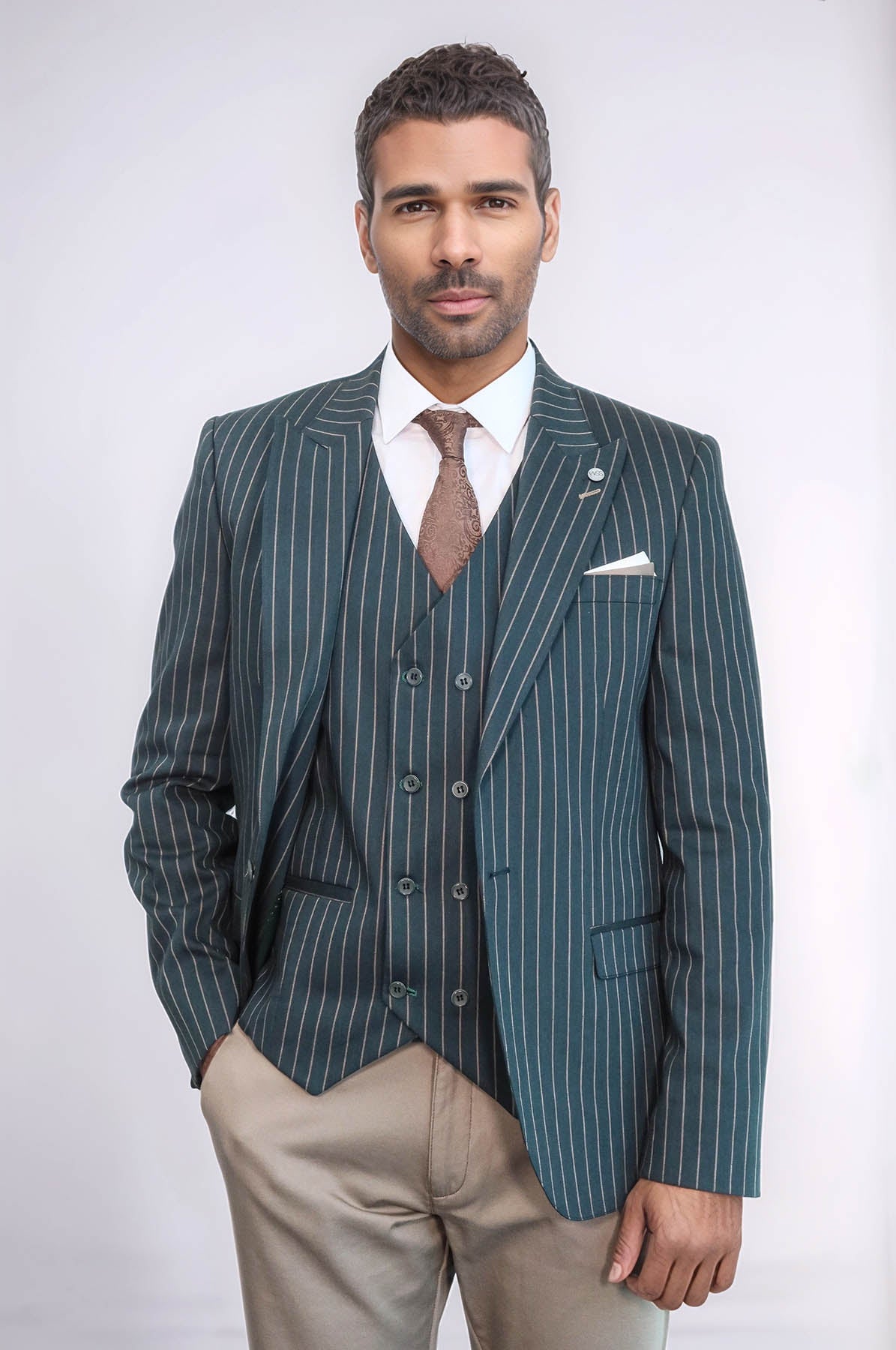 Striped Jacket Green Men's Suit