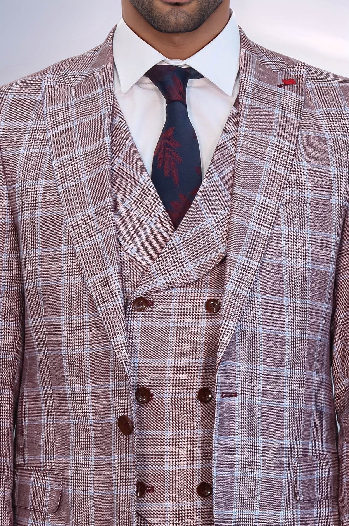 Burgundy Plaid Vested Slim Fit Italian Suit - Image 2