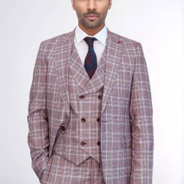 Burgundy Plaid Vested Slim Fit Italian Suit