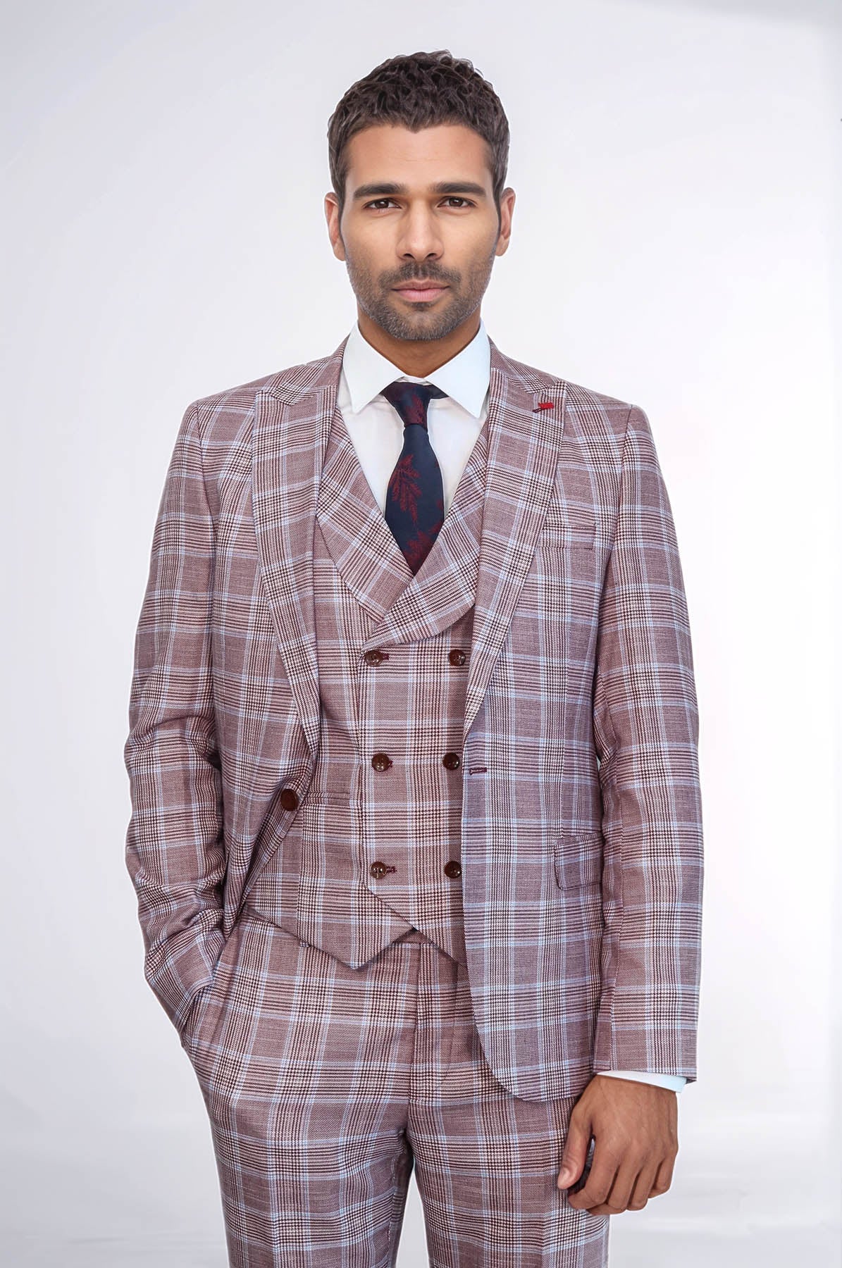 Burgundy Plaid Vested Slim Fit Italian Suit
