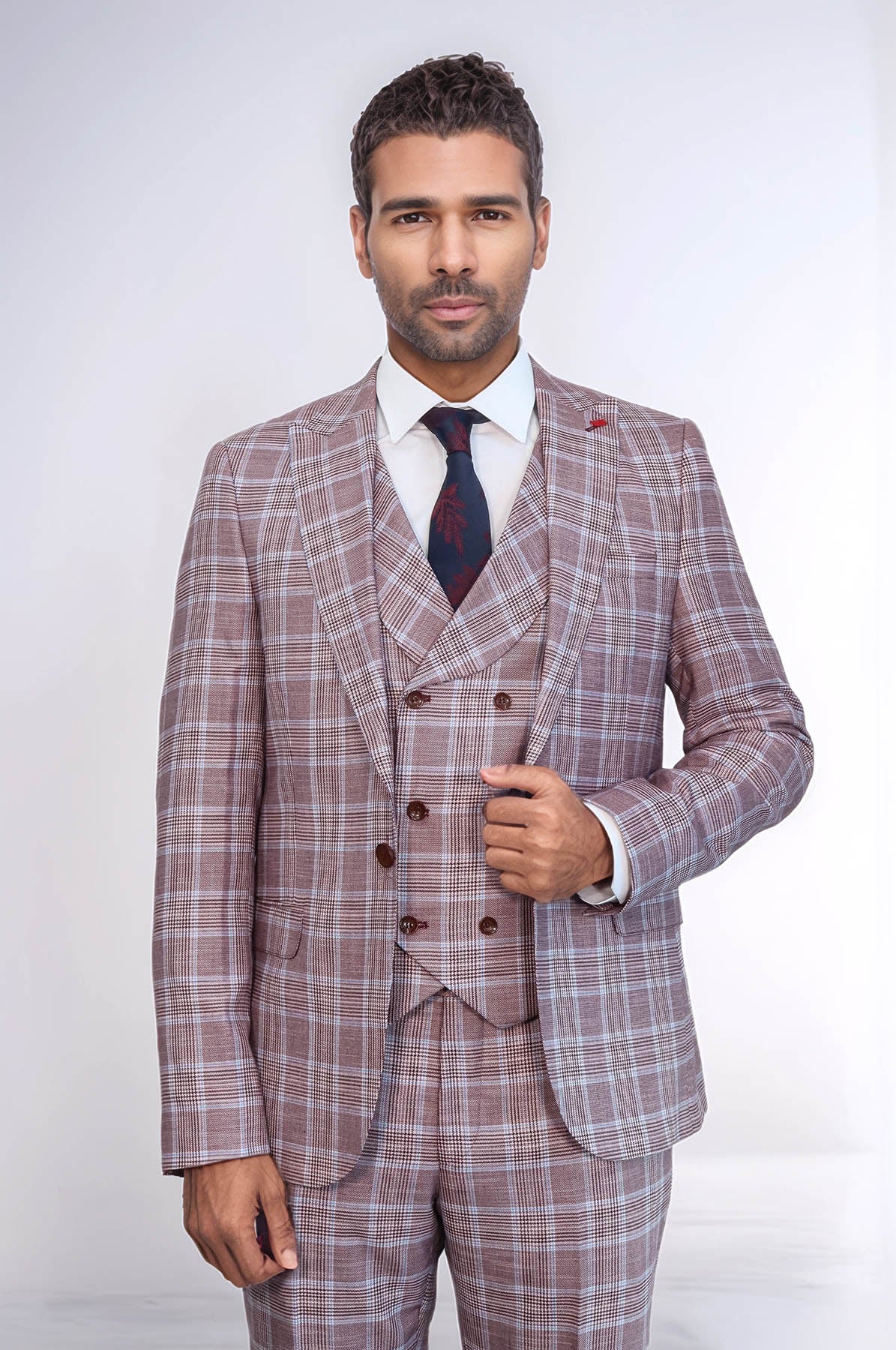 Burgundy Plaid Vested Slim Fit Italian Suit - Image 3