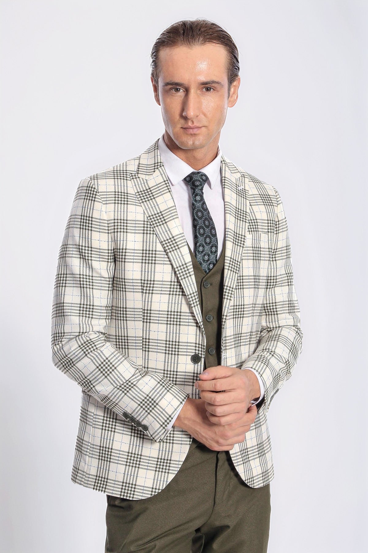 Checked Slim Fit Green Men Suit