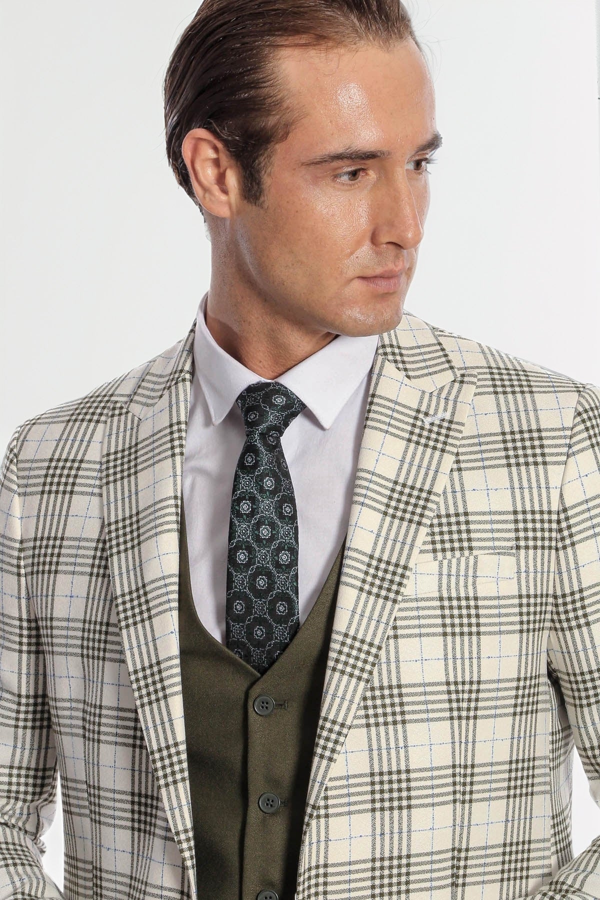 Checked Slim Fit Green Men Suit - Image 2