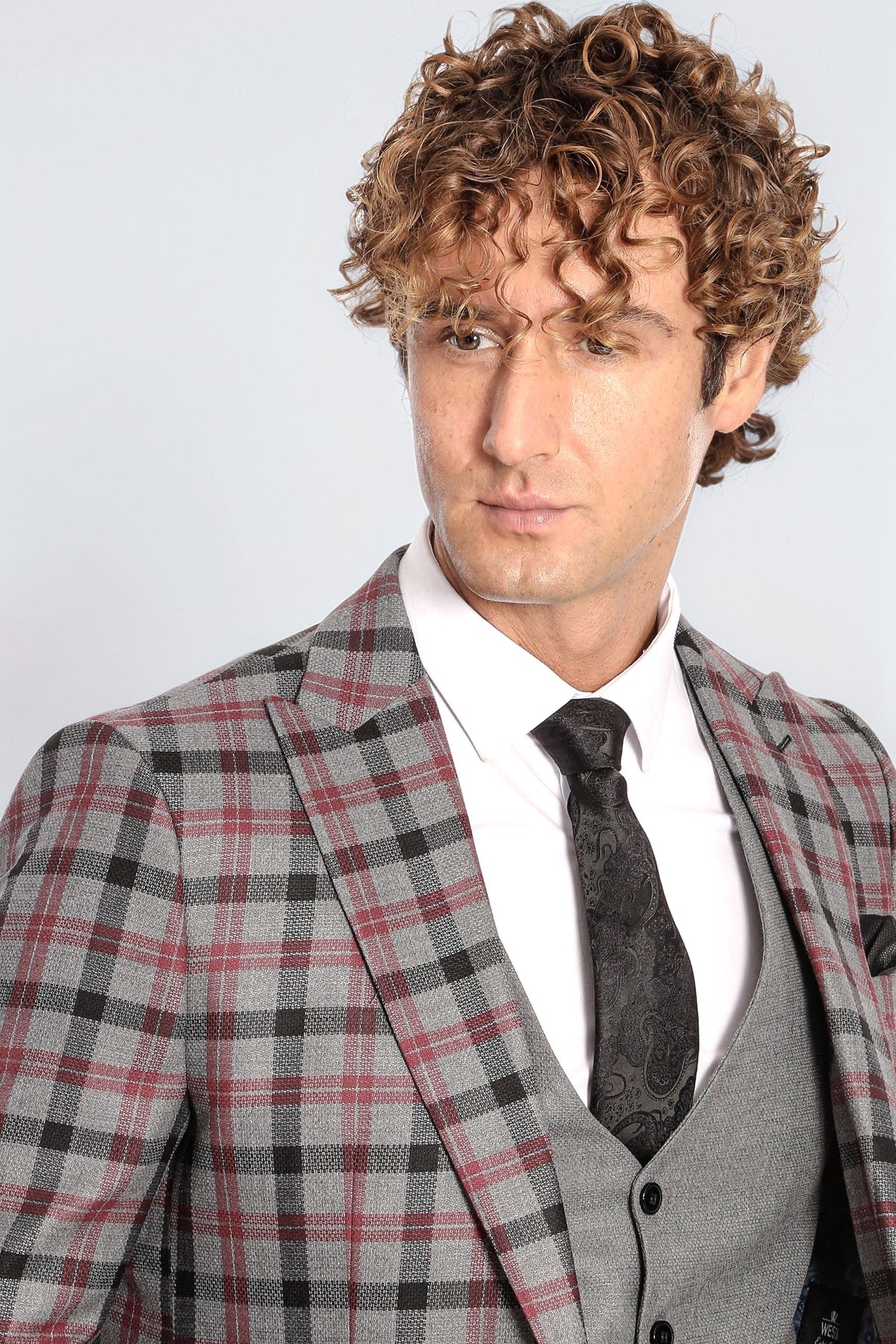 Checked Slim Fit Grey Men Suit - Image 2
