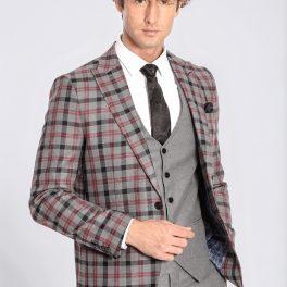 Checked Slim Fit Grey Men Suit