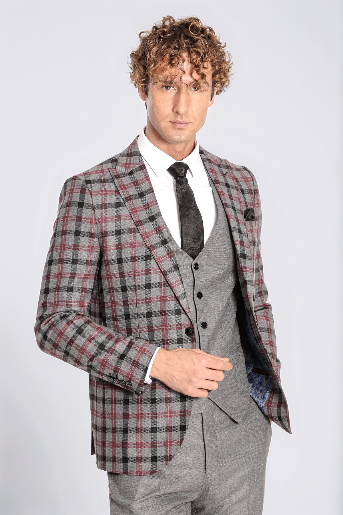 Checked Slim Fit Grey Men Suit