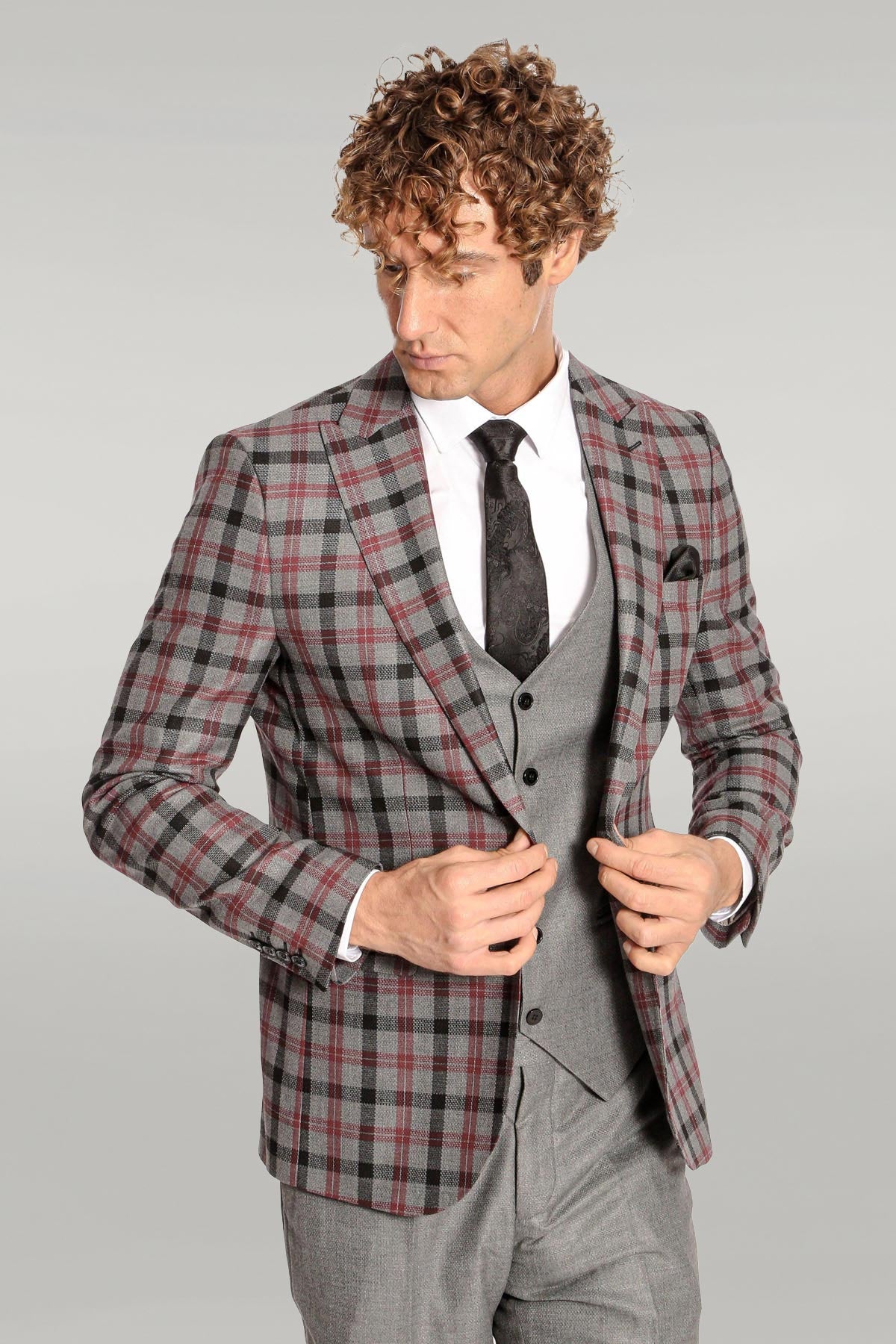 Checked Slim Fit Grey Men Suit - Image 3
